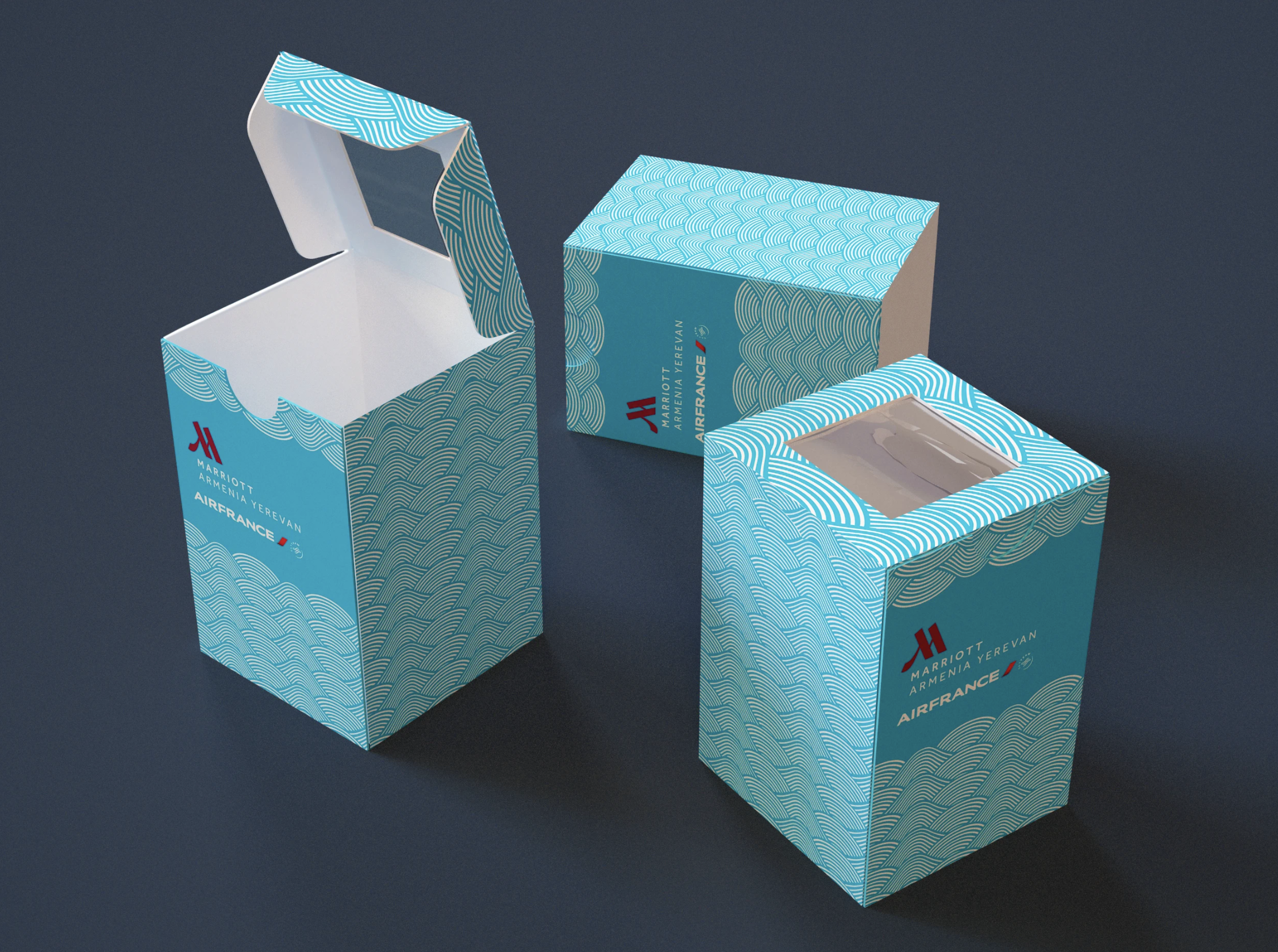 Marriott Armenia Yerevan gift-box packaging, co-branded with Air France.