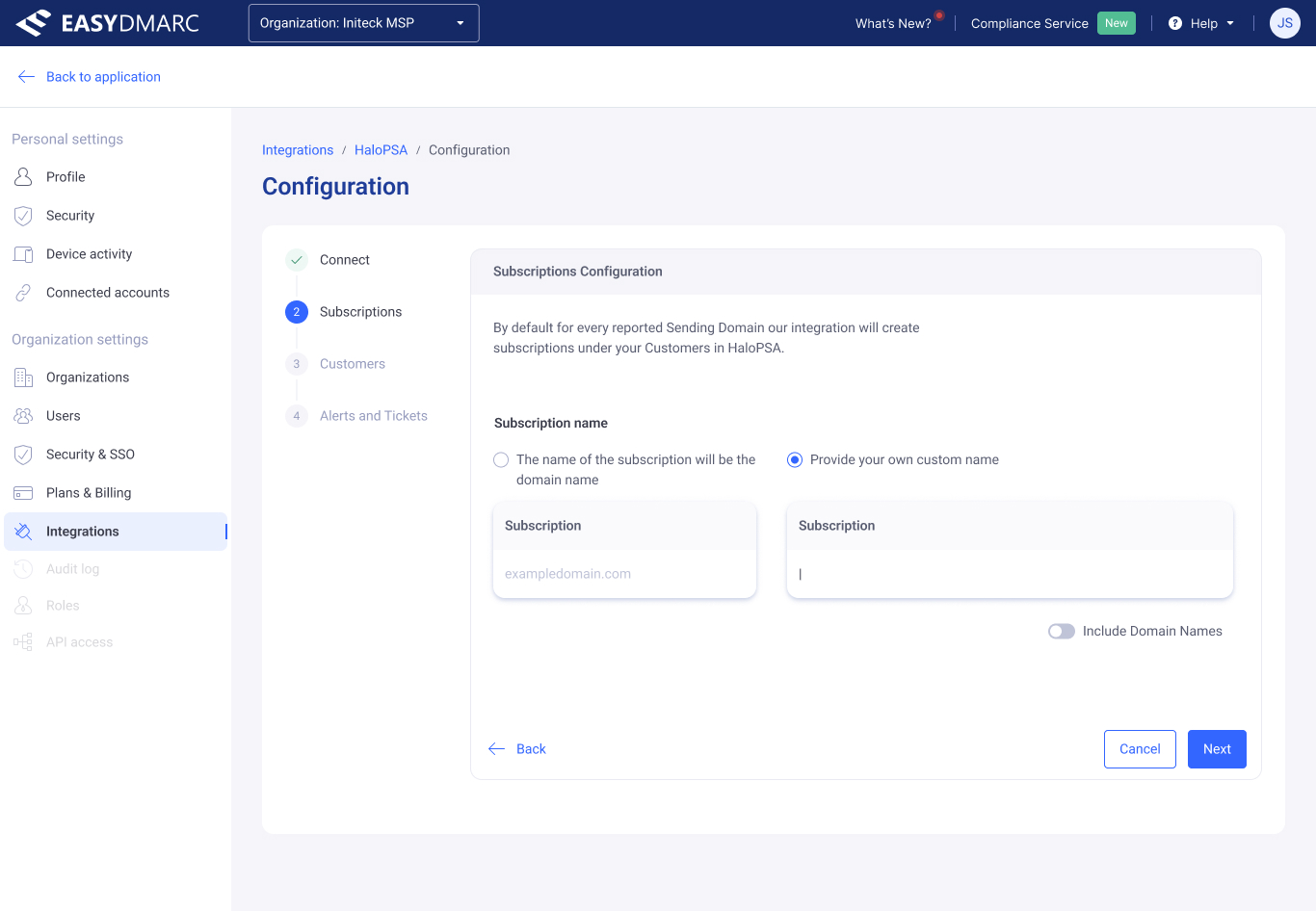 Integration setup — Step 2, Subscriptions. Configuring how subscriptions are named in HaloPSA — domain name vs. a custom name — with an Include Domain Names toggle.