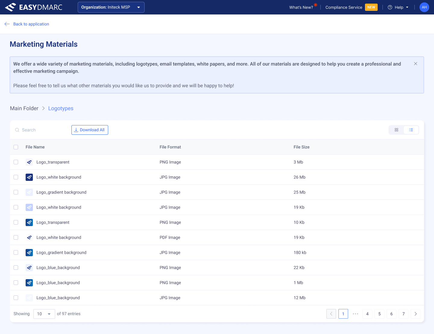 Marketing Materials — Logotypes drilldown with a 'Download this file' tooltip over a single asset card.