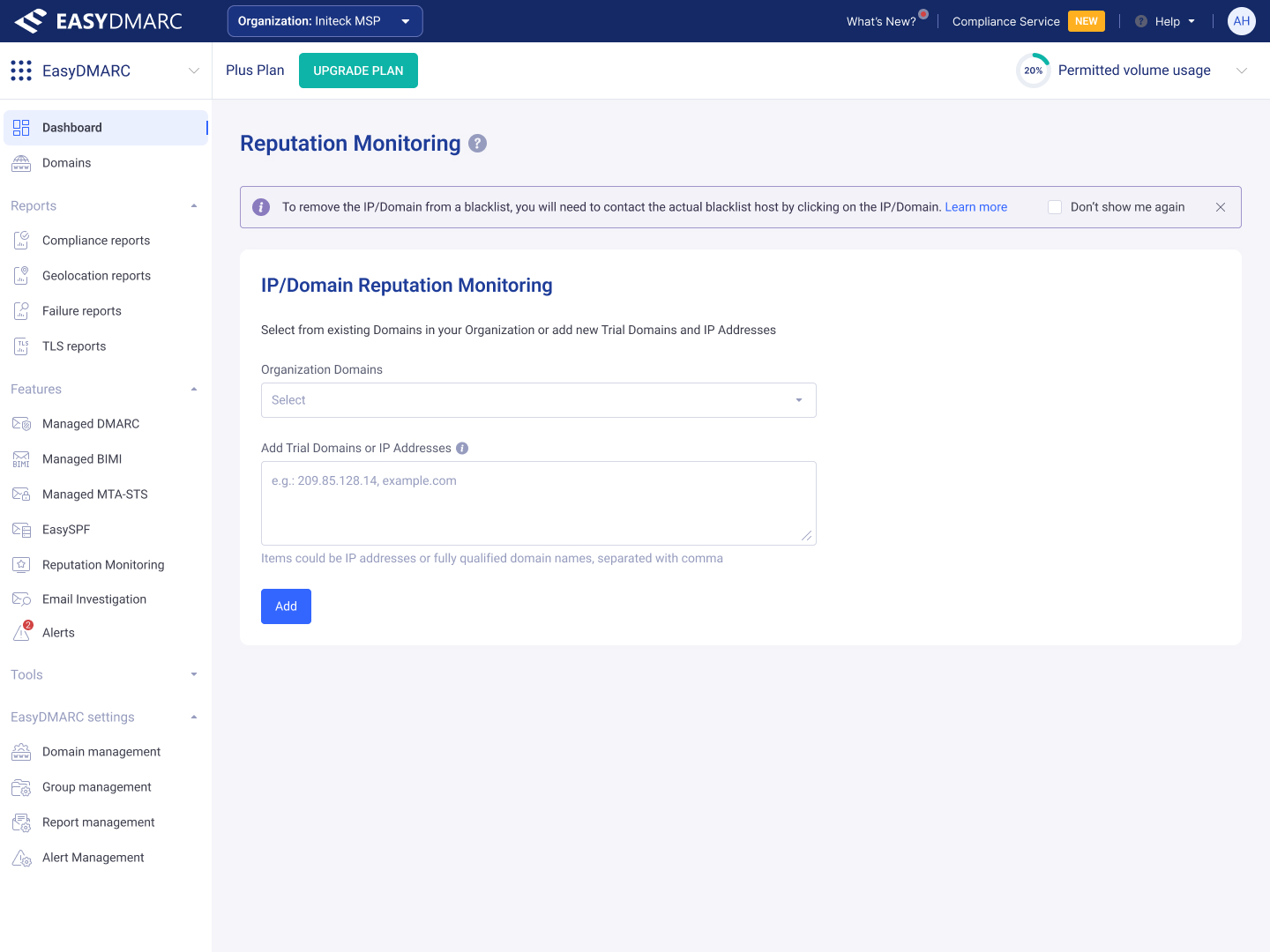 Reputation Monitoring — Remove Domain confirmation modal, with Yes/Keep destructive-action pattern.