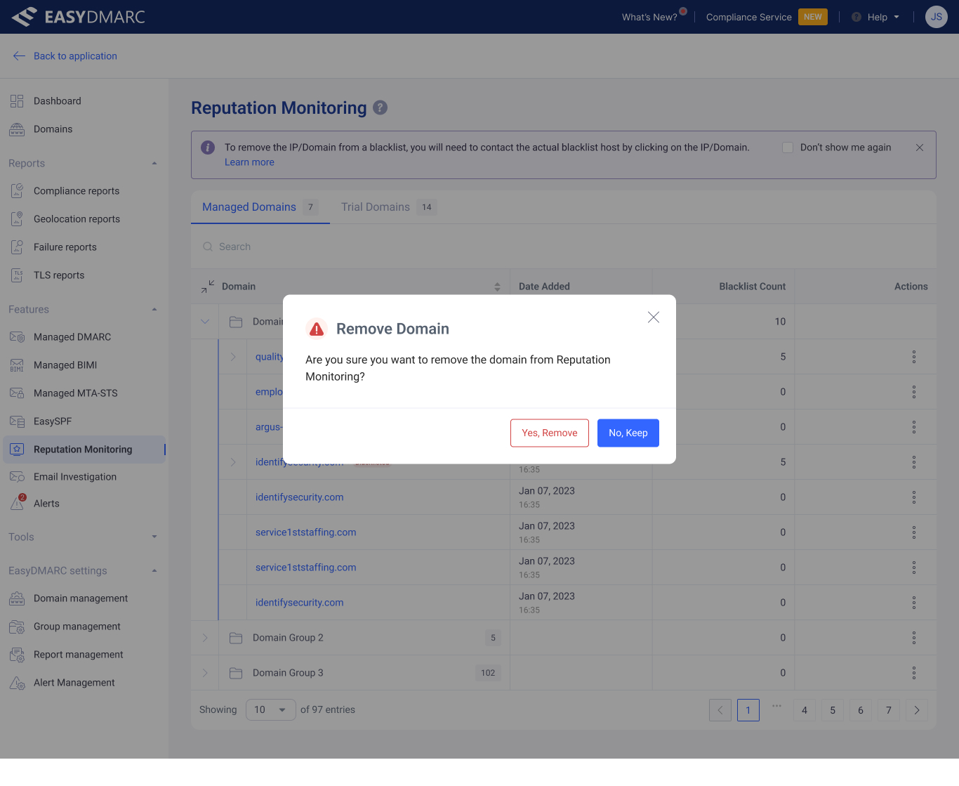 Reputation Monitoring — Managed Domains with a Domain Group expanded, showing per-domain blacklist counts and an indented sub-table of PTR records and their source IPs.