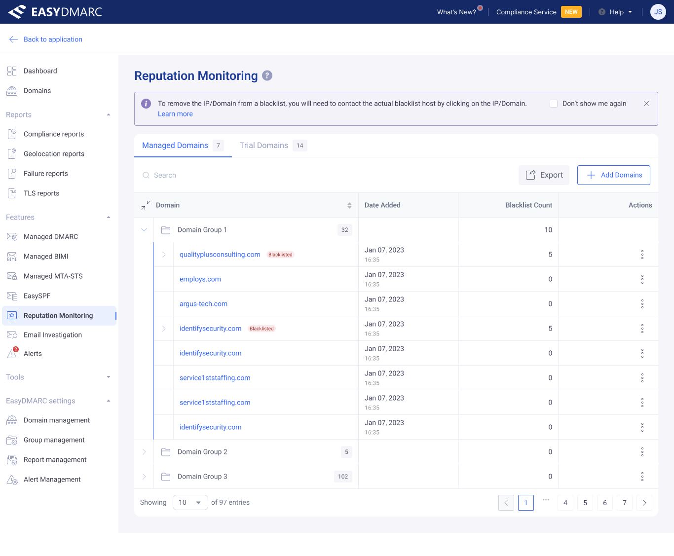 Reputation Monitoring — Managed Domains tab. A grouped table showing Domain Group 1, 2, 3 with blacklist counts and date added per domain, plus an information banner about how to remove a domain from a blacklist.