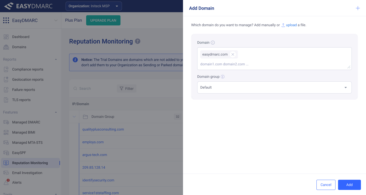 Add Domain — Step 1, configuration. A right-edge drawer for entering one or many domains, with helper text and validation.