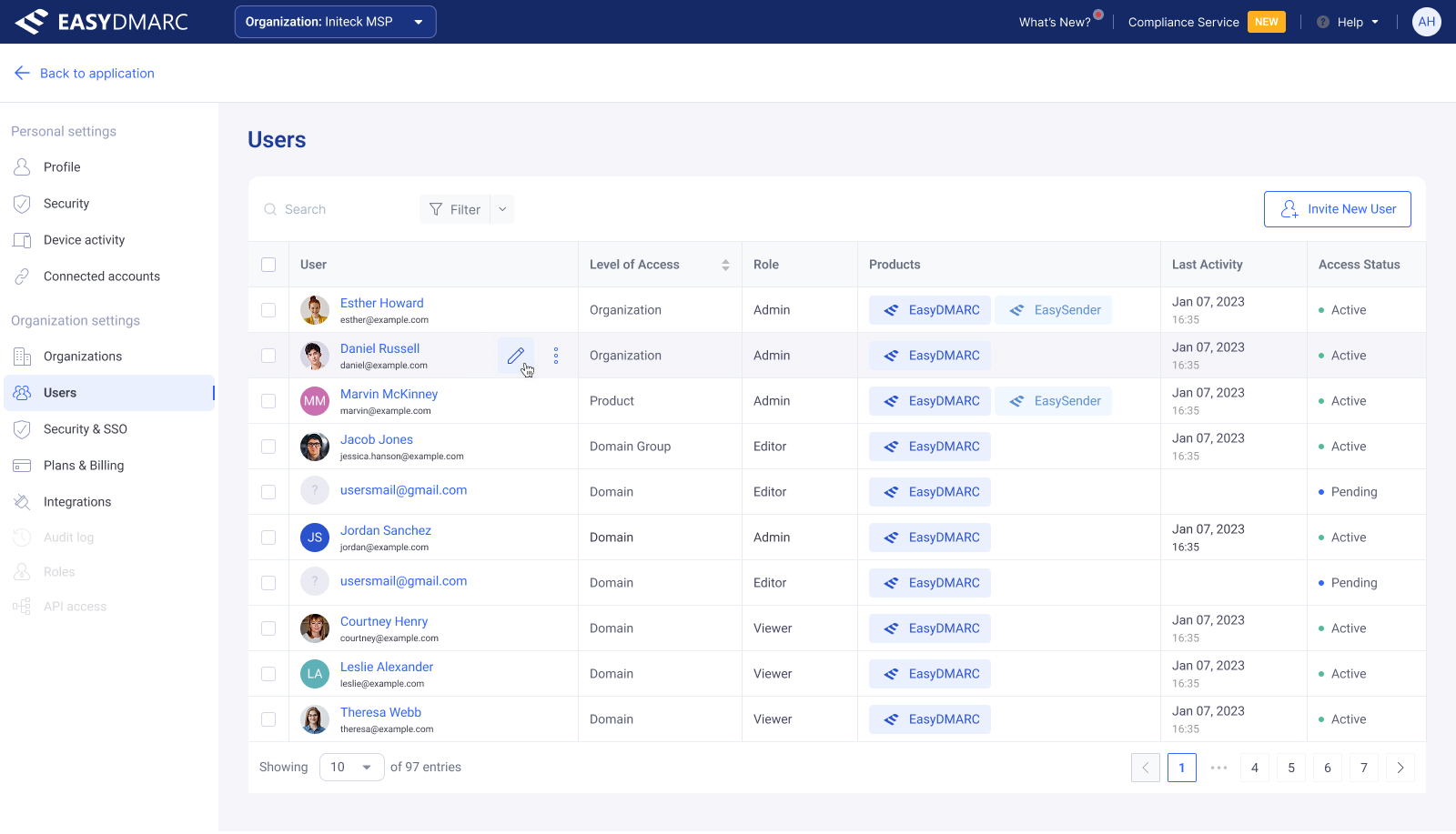 User Access Management — hover state on an active user row, surfacing the row's action affordances.