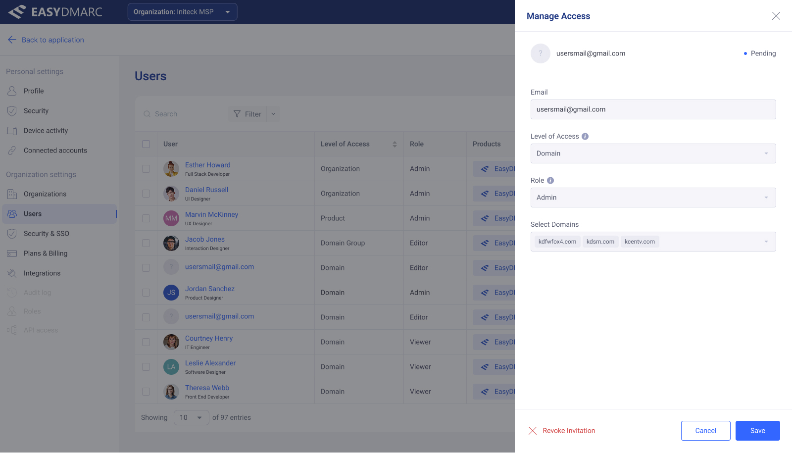 Manage Access drawer — Level of Access set to Product, with a Select Products multi-select revealed.