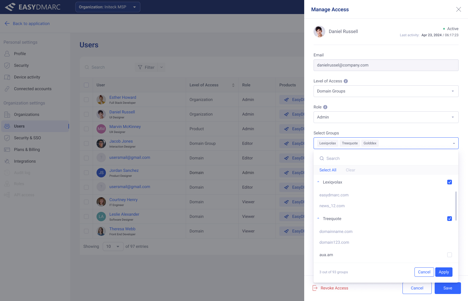 Manage Access drawer — Level of Access set to Domain Group, with a Select Groups multi-select revealed and groups checked.