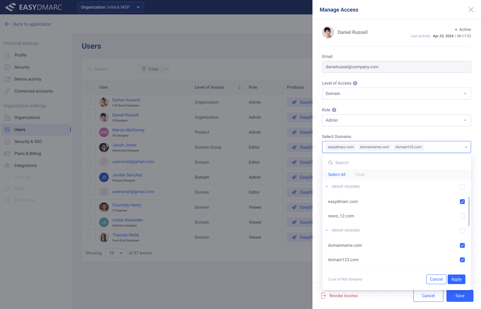 Manage Access drawer — Select Domains multi-select expanded, grouped by domain group, with several domains checked and a '3 out of 900 domains' counter.