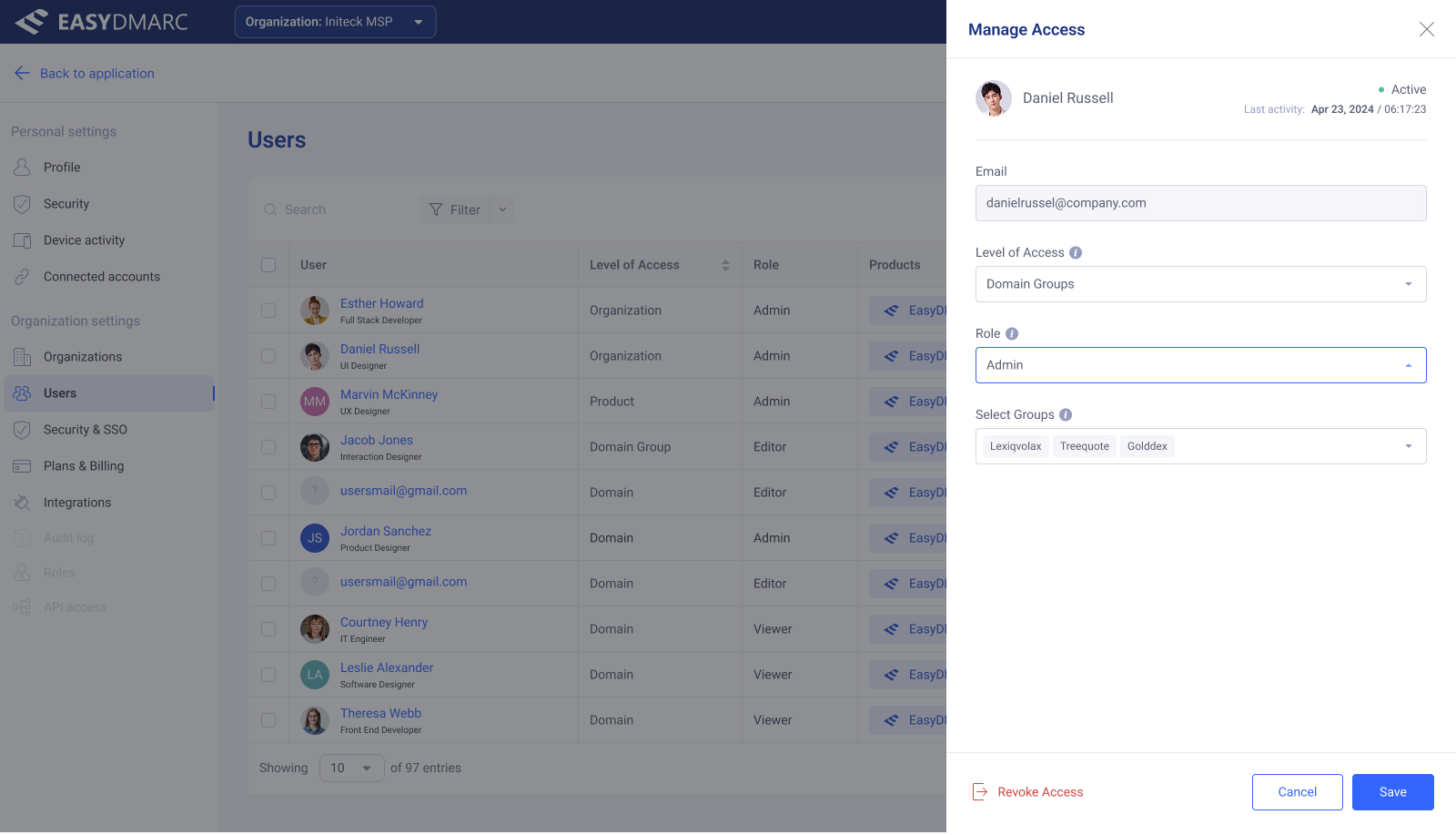 User Access Management — combined view with a manage-access drawer open over the filtered Users table.