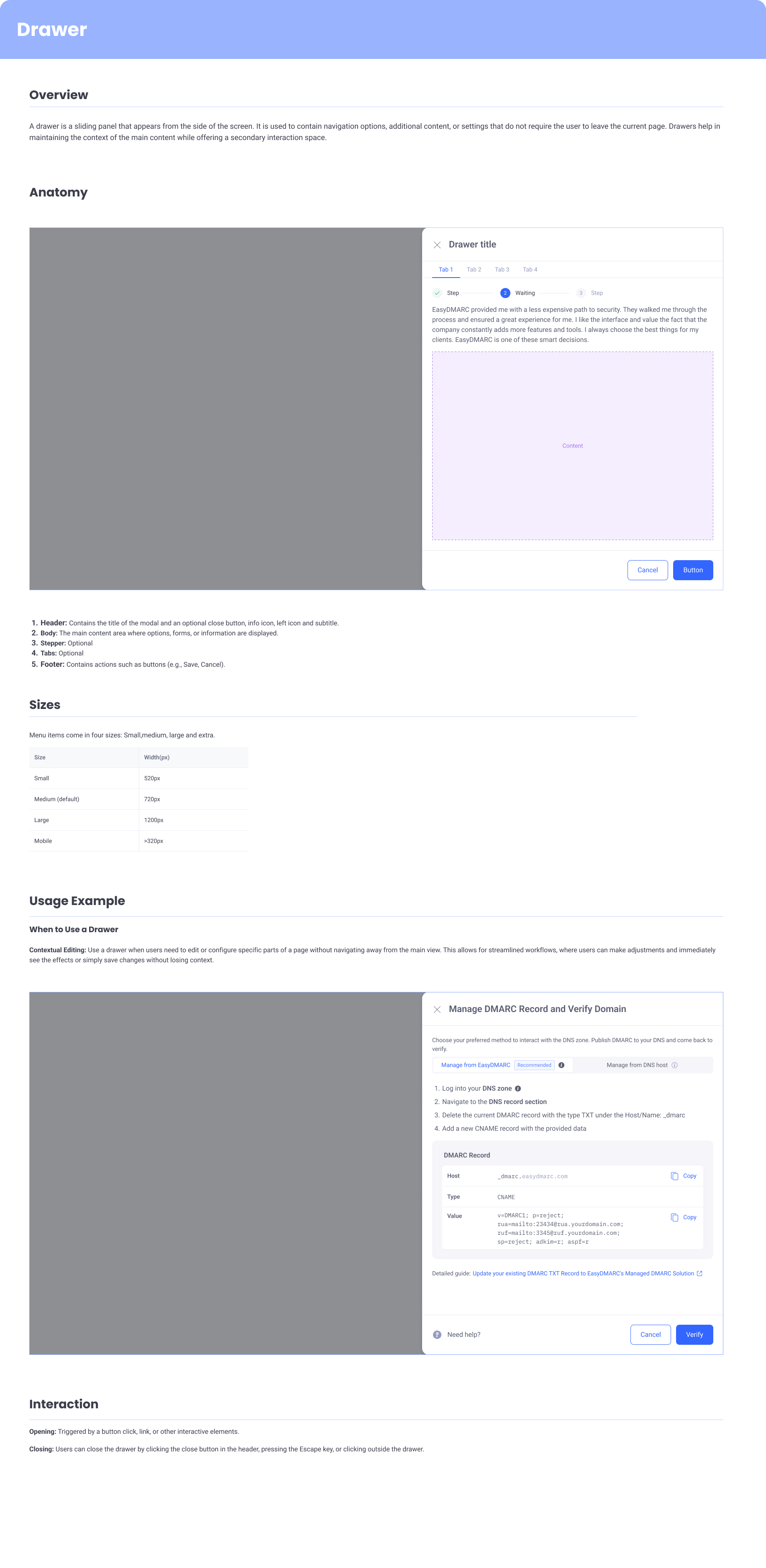 EasyDMARC drawer — side panel for secondary tasks and quick edits.