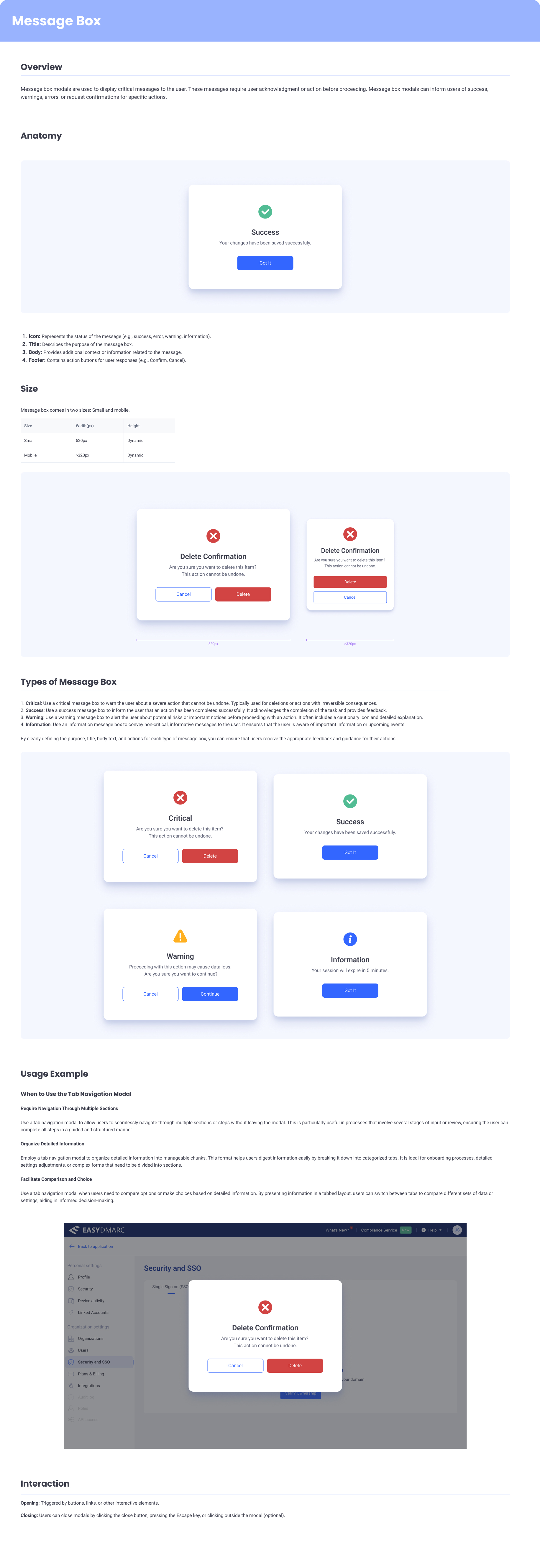 EasyDMARC message box — variant set including critical, success, warning, and information messages with primary and secondary actions.