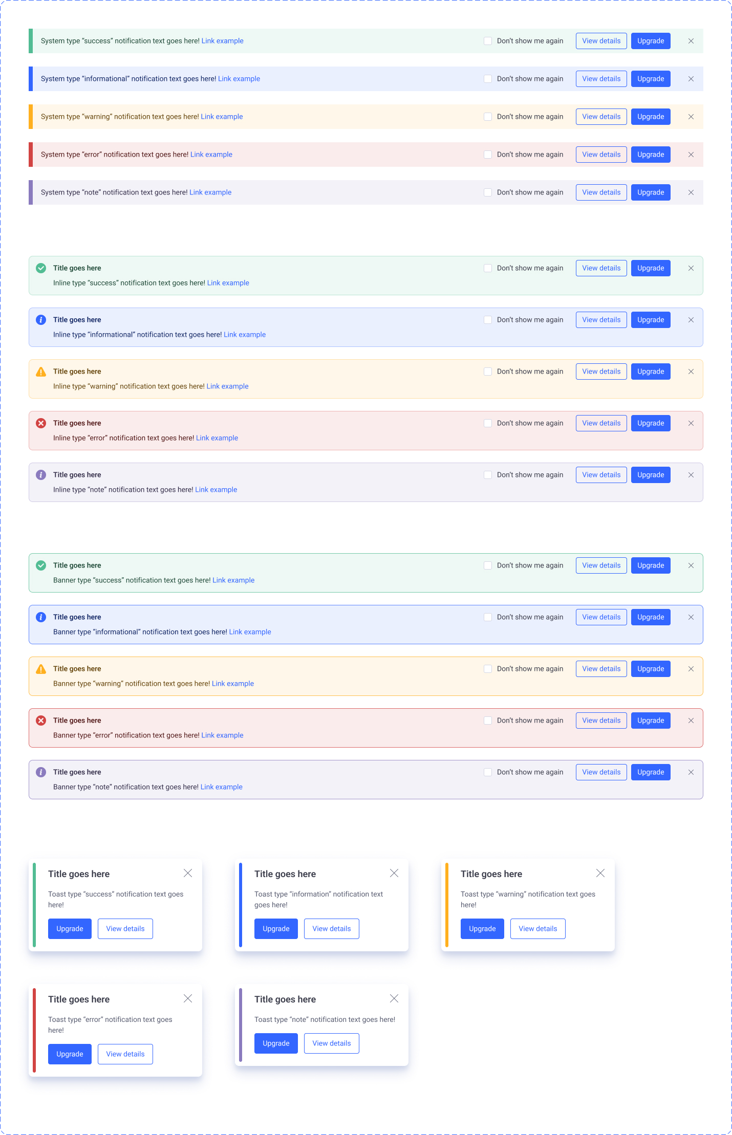 EasyDMARC notifications — system, inline, banner, and toast variants covering success, informational, warning, error, and note types.