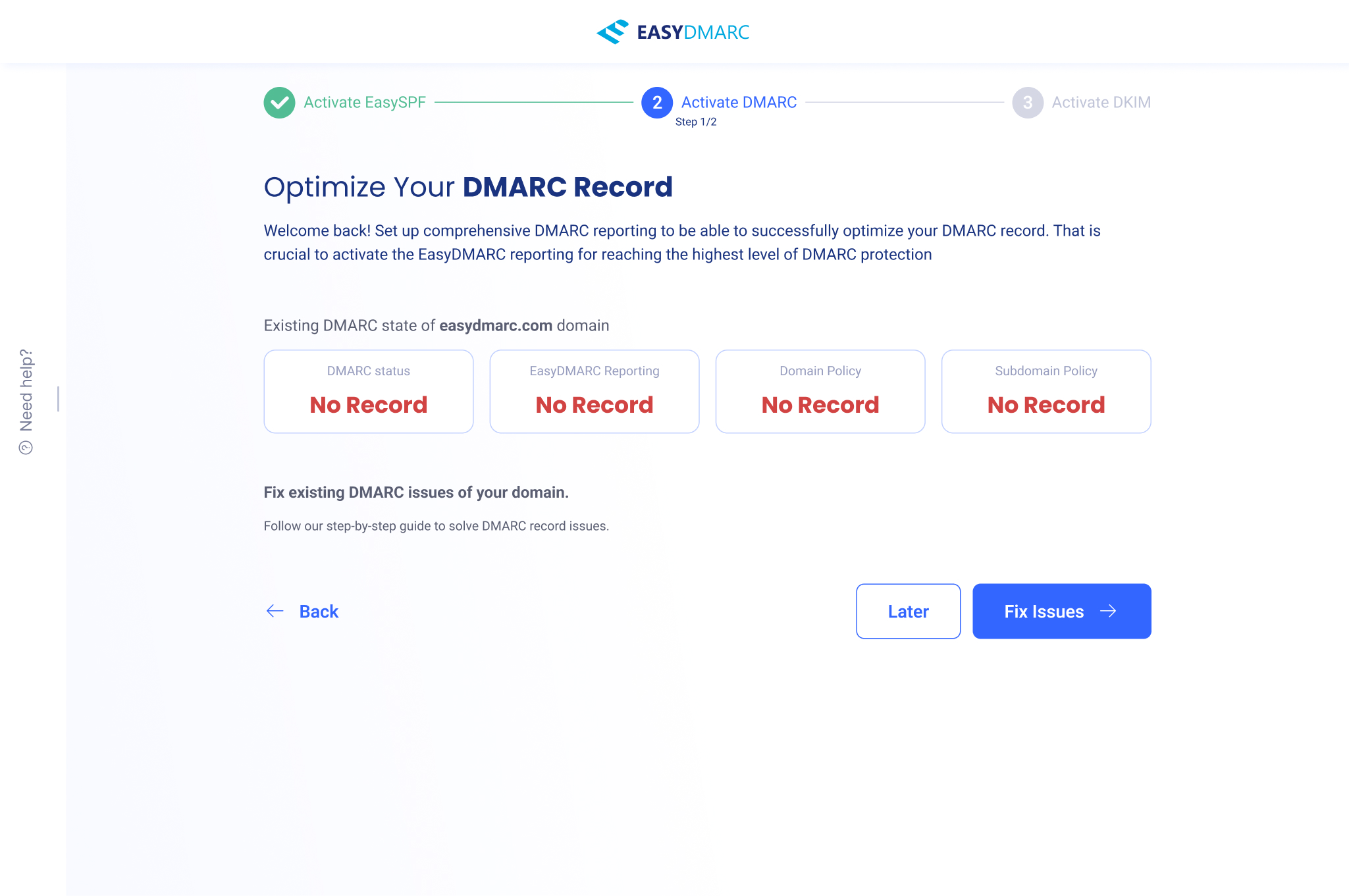 DMARC track, no-record variant — the same 'Optimize Your DMARC Record' screen for a domain with no DMARC record at all, all four status cards reading 'No Record', with a welcome-back message about setting up comprehensive DMARC reporting.