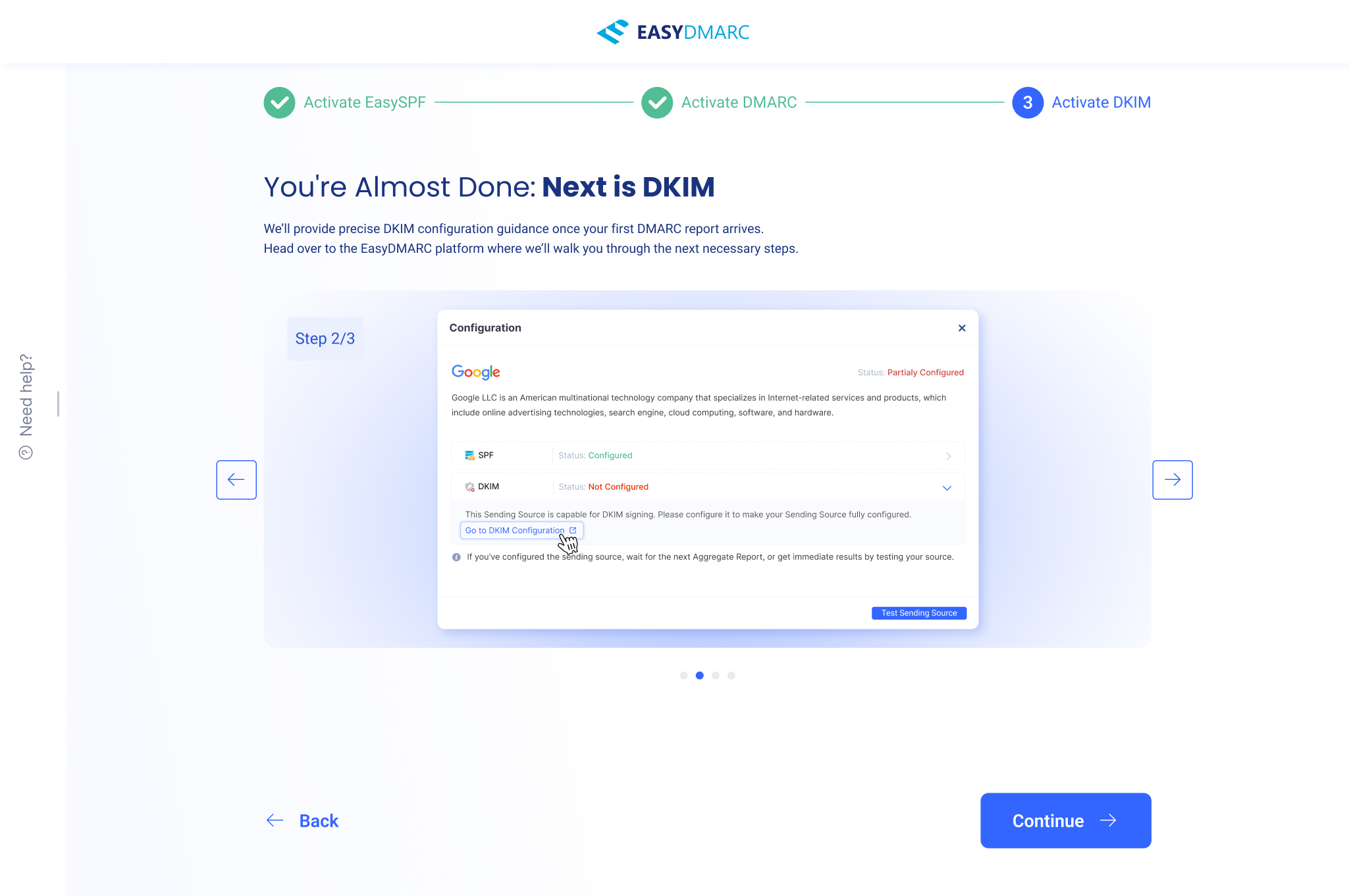 DKIM track, configuration — a per-sending-source Configuration modal for Google, showing SPF status Configured and DKIM status Not Configured, a 'Go to DKIM Configuration' link, and a Test Sending Source button.