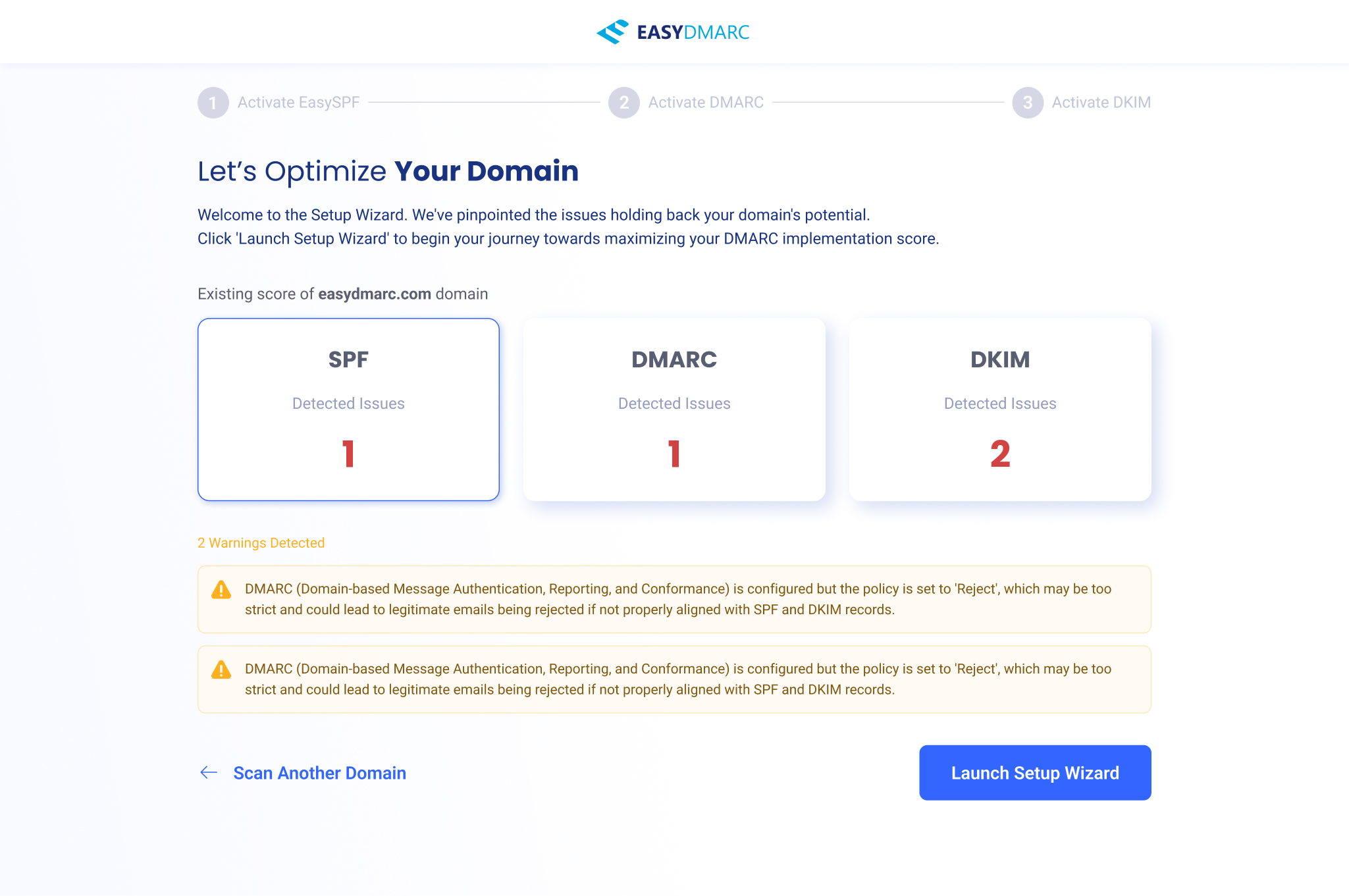 Setup Wizard entry — 'Let's Optimize Your Domain', with the SPF / DMARC / DKIM stepper across the top and three cards showing the count of detected issues per record (SPF 1, DMARC 1, DKIM 2), plus two warning banners and a Launch Setup Wizard button.