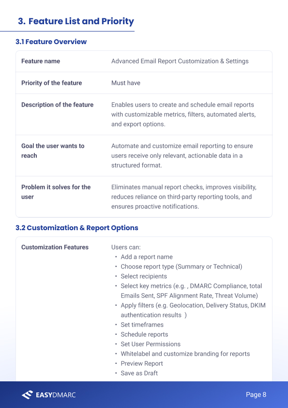 PRD 'Feature List and Priority' page — feature overview (Advanced Email Report Customization & Settings, priority Must Have) and a long Customization & Report Options list: report name, type, recipients, key metrics, filters, timeframes, scheduling, permissions, whitelabel, preview, save as draft.