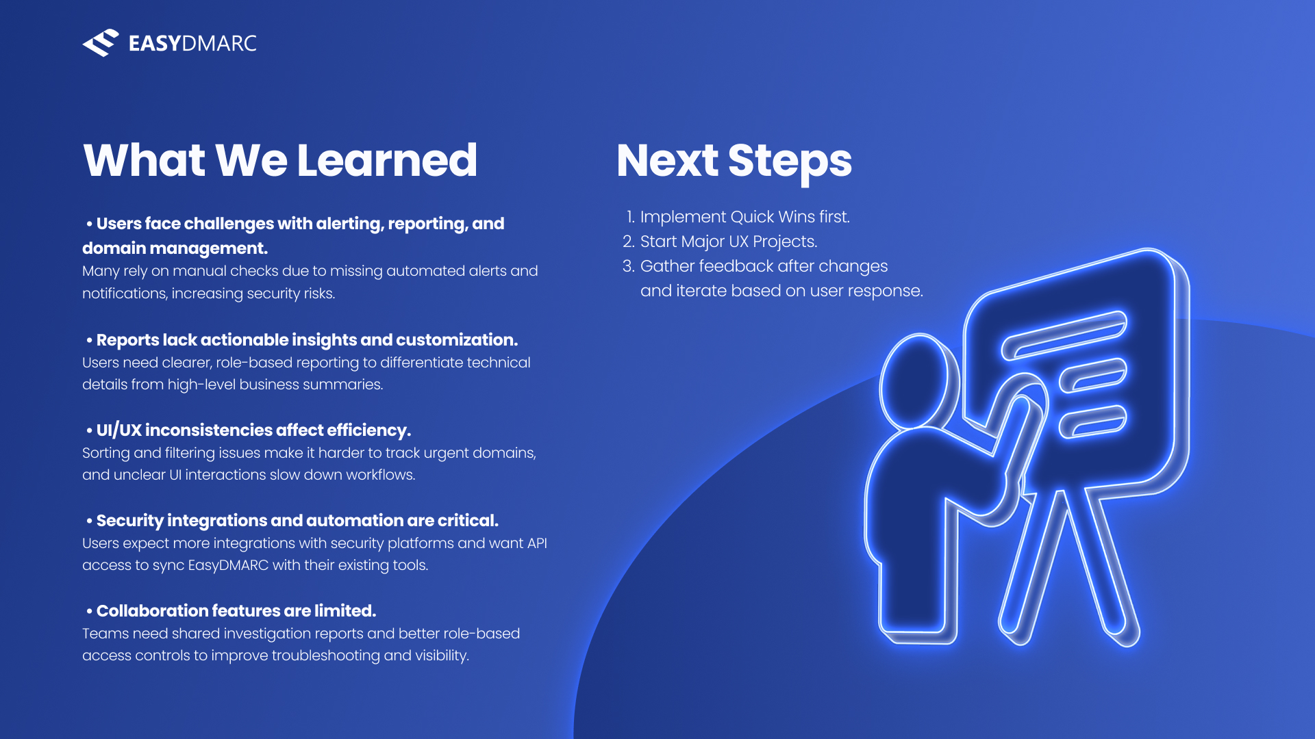 The 'What We Learned / Next Steps' closing slide — five takeaways (challenges with alerting, reporting and domain management; reports lack actionable insights and customization; UI/UX inconsistencies; security integrations and automation are critical; collaboration features are limited) and a three-step next-steps list.