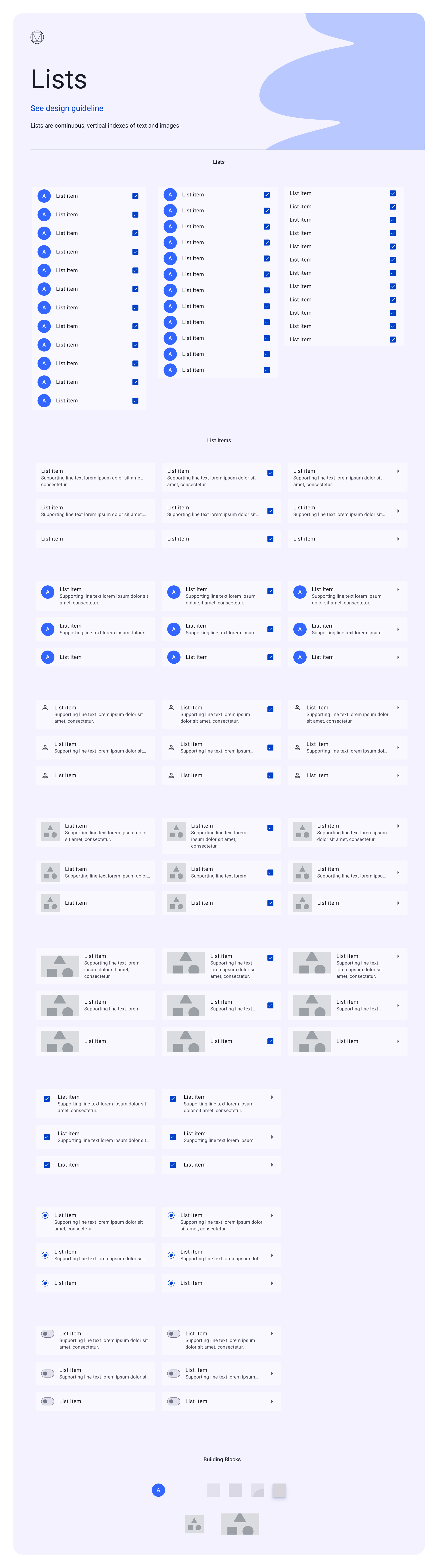 EasySender lists — one-, two-, and three-line list items with avatars, icons, thumbnails, checkboxes, radios, toggles, and trailing chevrons, plus the underlying building blocks.
