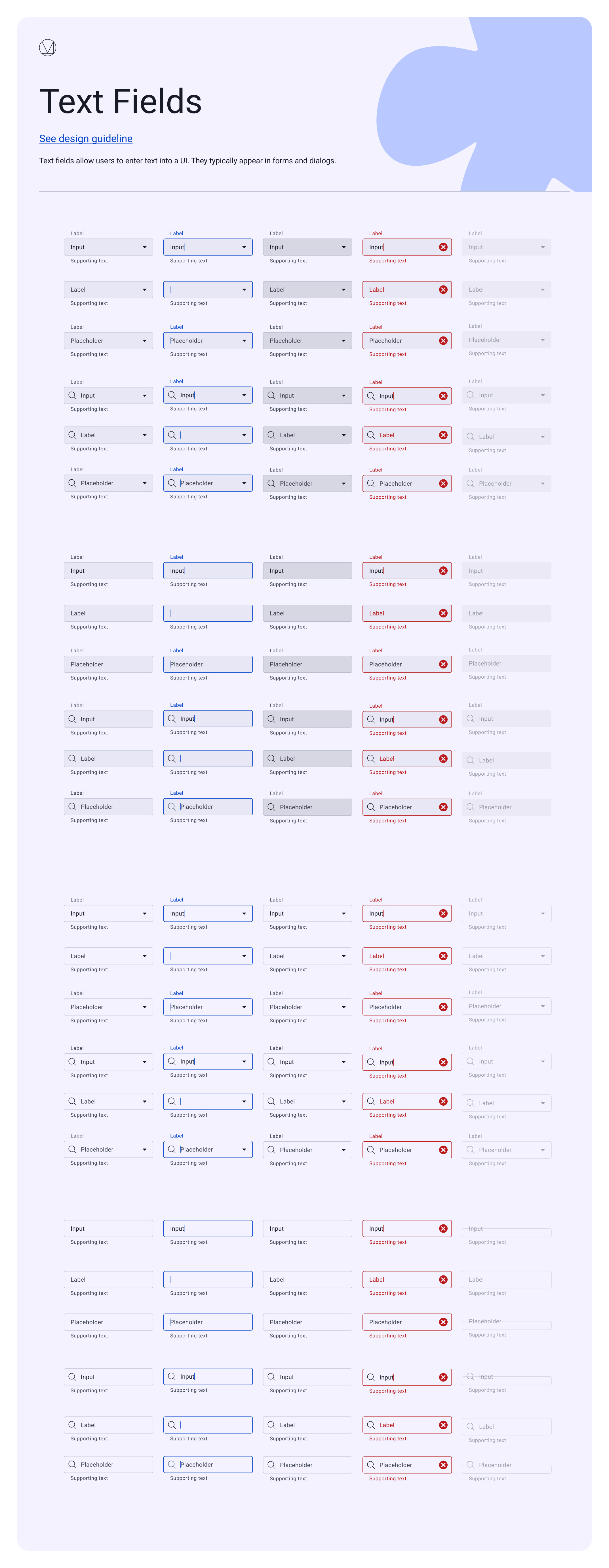 EasySender text fields — filled and outlined variants with label, input, placeholder, leading icon, and dropdown affordances, across default, focus, filled, error, and disabled states with supporting text.