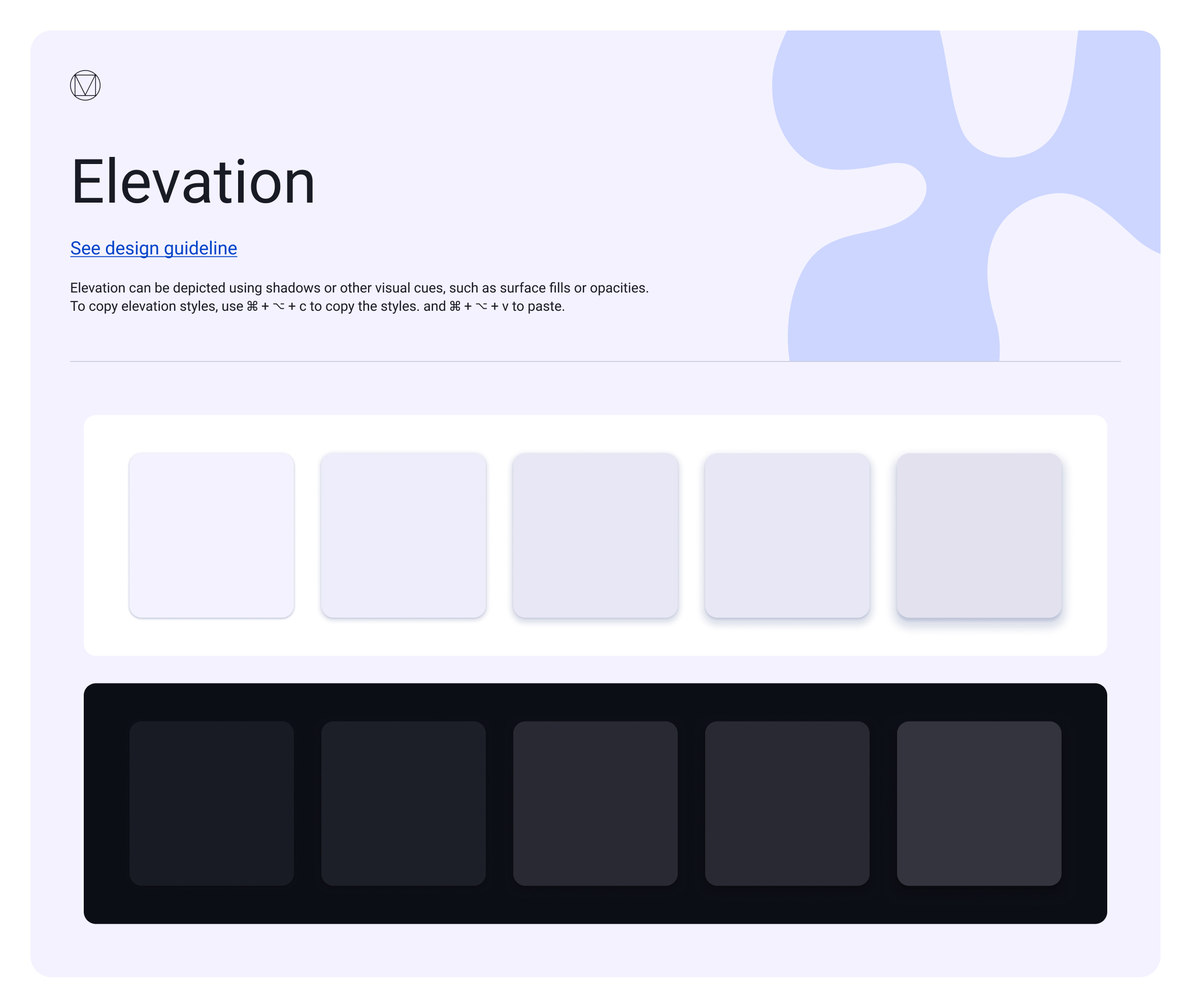 EasySender elevation — five elevation levels shown as rounded surfaces on both light and dark backgrounds, depicting depth through fills and shadows.