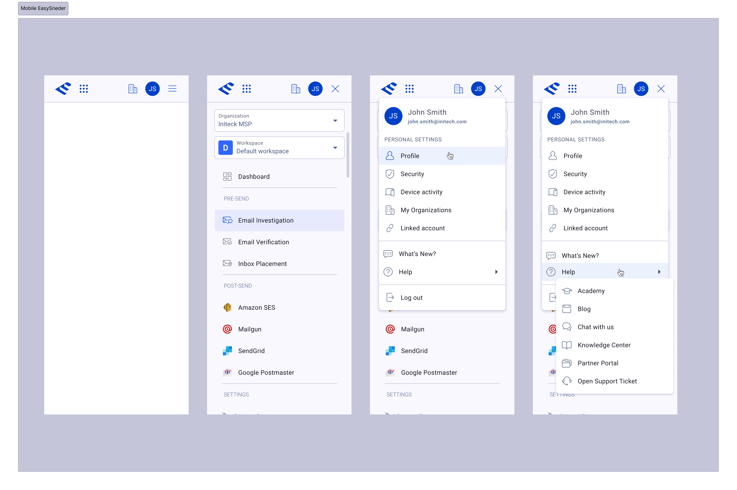 EasySender mobile — four phone screens showing the collapsed top bar, the expanded navigation drawer, the profile menu, and a nested Help submenu (Academy, Blog, Chat, Knowledge Center, Partner Portal, Support).