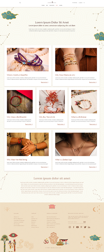 Karma Magazine blog landing — '5 Best Bracelets for Mom' editorial with hand-illustrated hero and six product story cards.