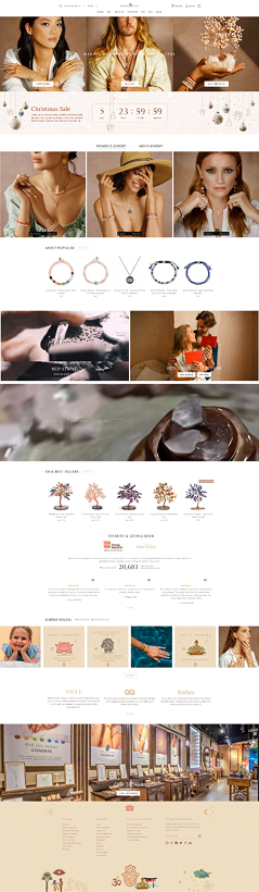 Christmas sale landing — model imagery hero, countdown, women's and men's jewelry edits, and bestseller tree-of-life grid.