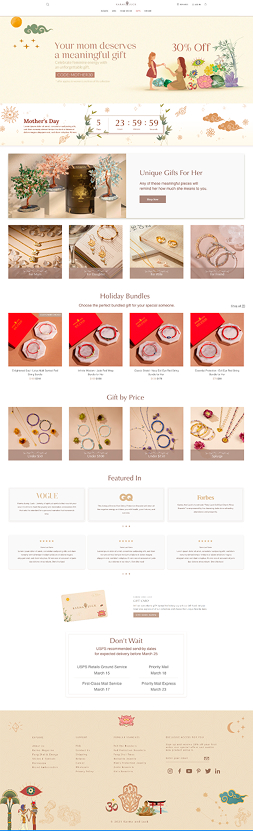 Mother's Day landing — warm editorial page with a 30% off hero, illustrated mother-daughter scene, countdown timer, gift bundles, and a price-tier grid.