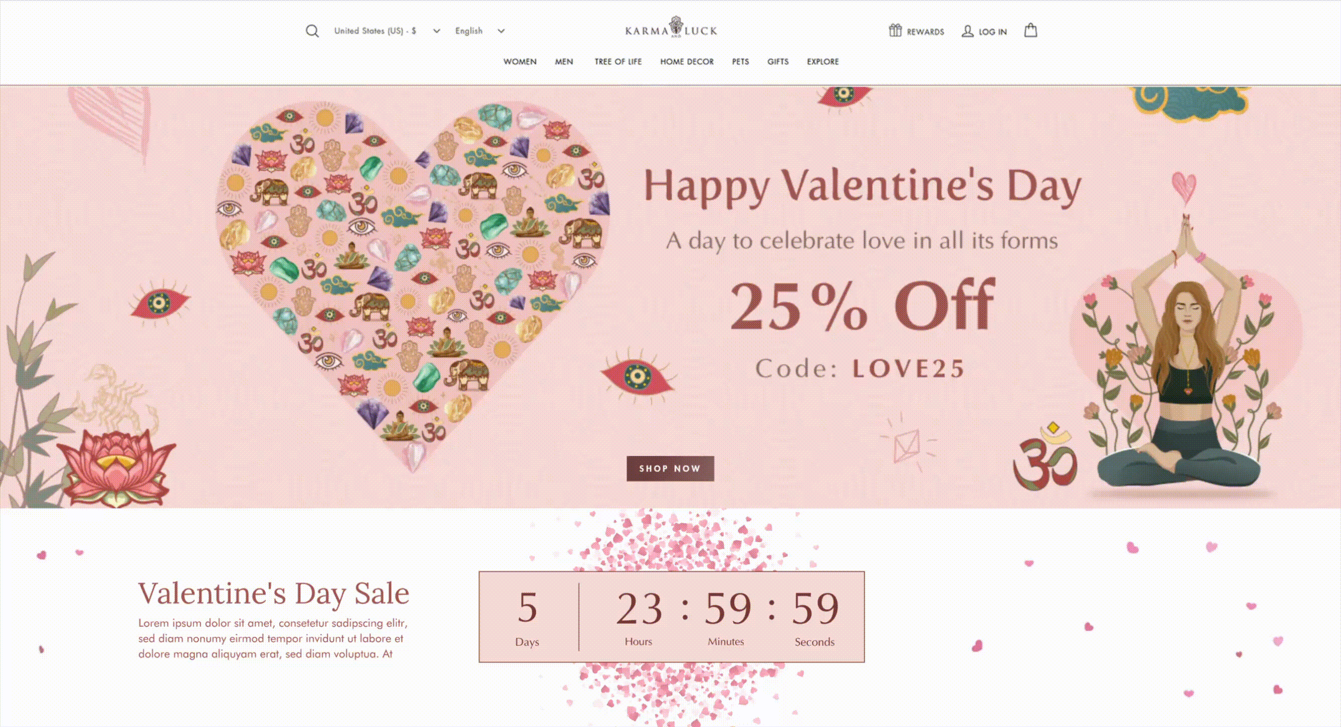 Valentine's Day countdown — animated banner with a hamsa/symbol-filled heart, '25% Off' headline, LOVE25 code, lotus and meditating-figure illustrations, and a heart-confetti countdown timer.