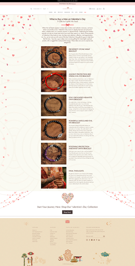 Valentine's Day editorial — '5 Gifts to Uplift His Soul' article with six bracelet picks and a heart-confetti background.