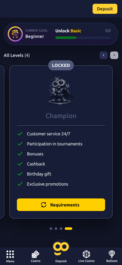 Mobile, dark — Champion tier, Locked, all benefits shown.