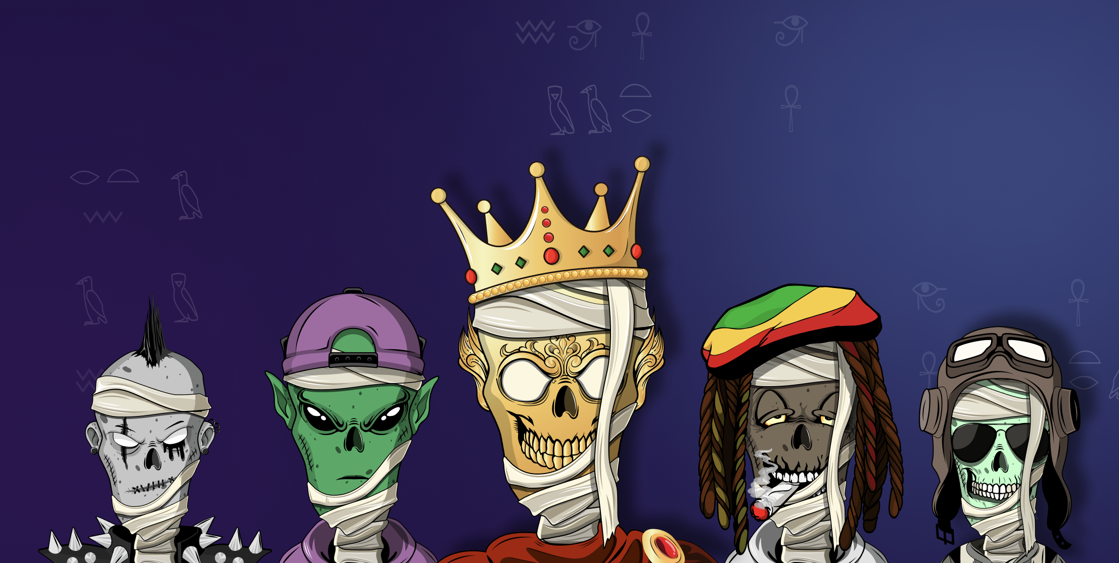 Mummies' Return — five hand-illustrated Egyptian mummy characters lined up across a purple hieroglyph tomb wall, with a crowned king mummy in the center.