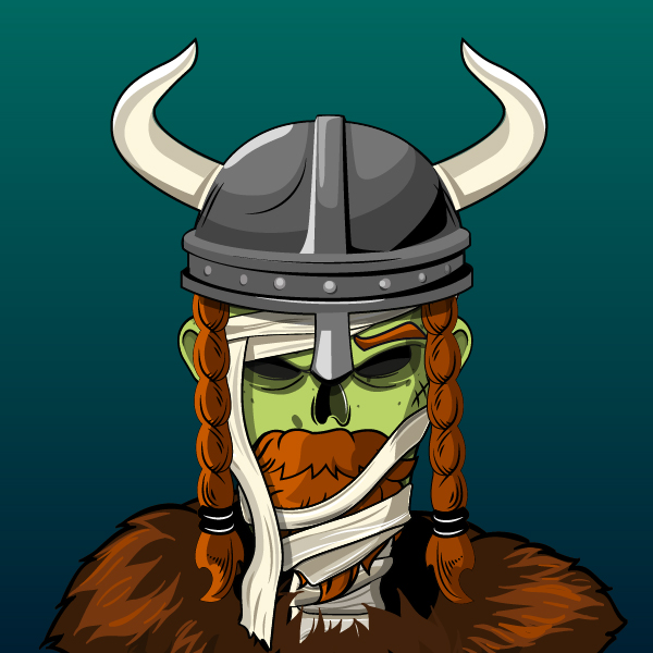 Viking mummy — a green skull with a braided red beard, a horned silver helmet, and a fur collar, on a teal gradient.
