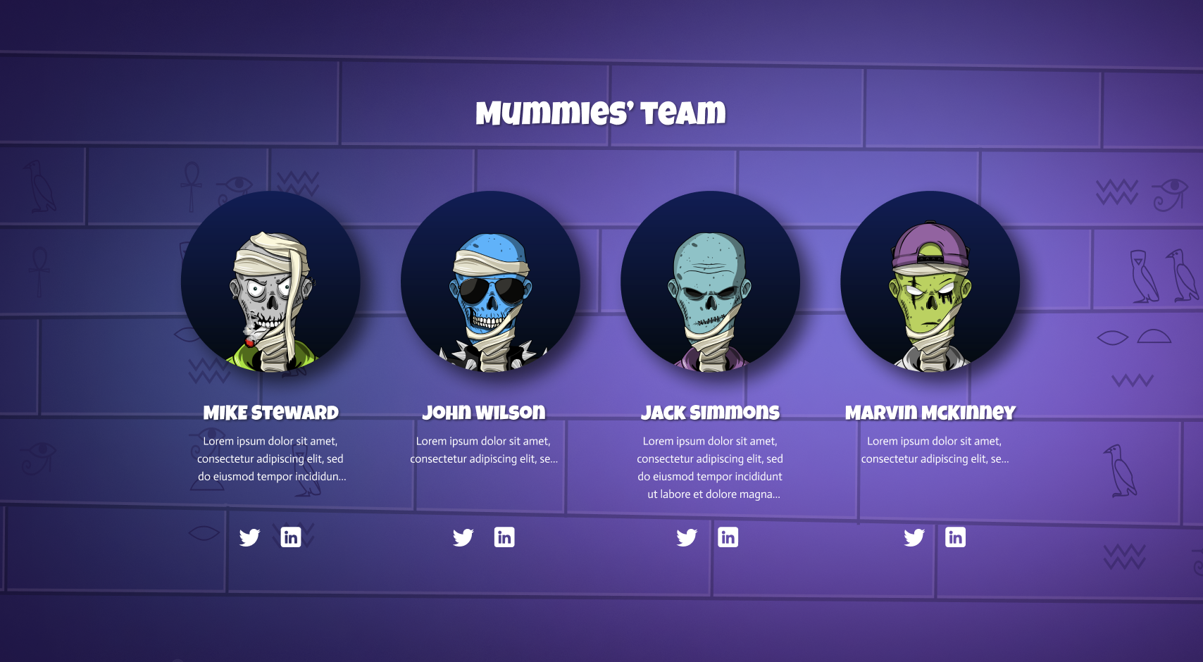 The Mummies' Team section — the 'Mummies' Team' heading above four mummy characters in circular dark frames, each labelled with a name (Mike Steward, John Wilson, Jack Simmons, Marvin McKinney), a short bio, and Twitter and LinkedIn icons, set against the purple hieroglyph wall.