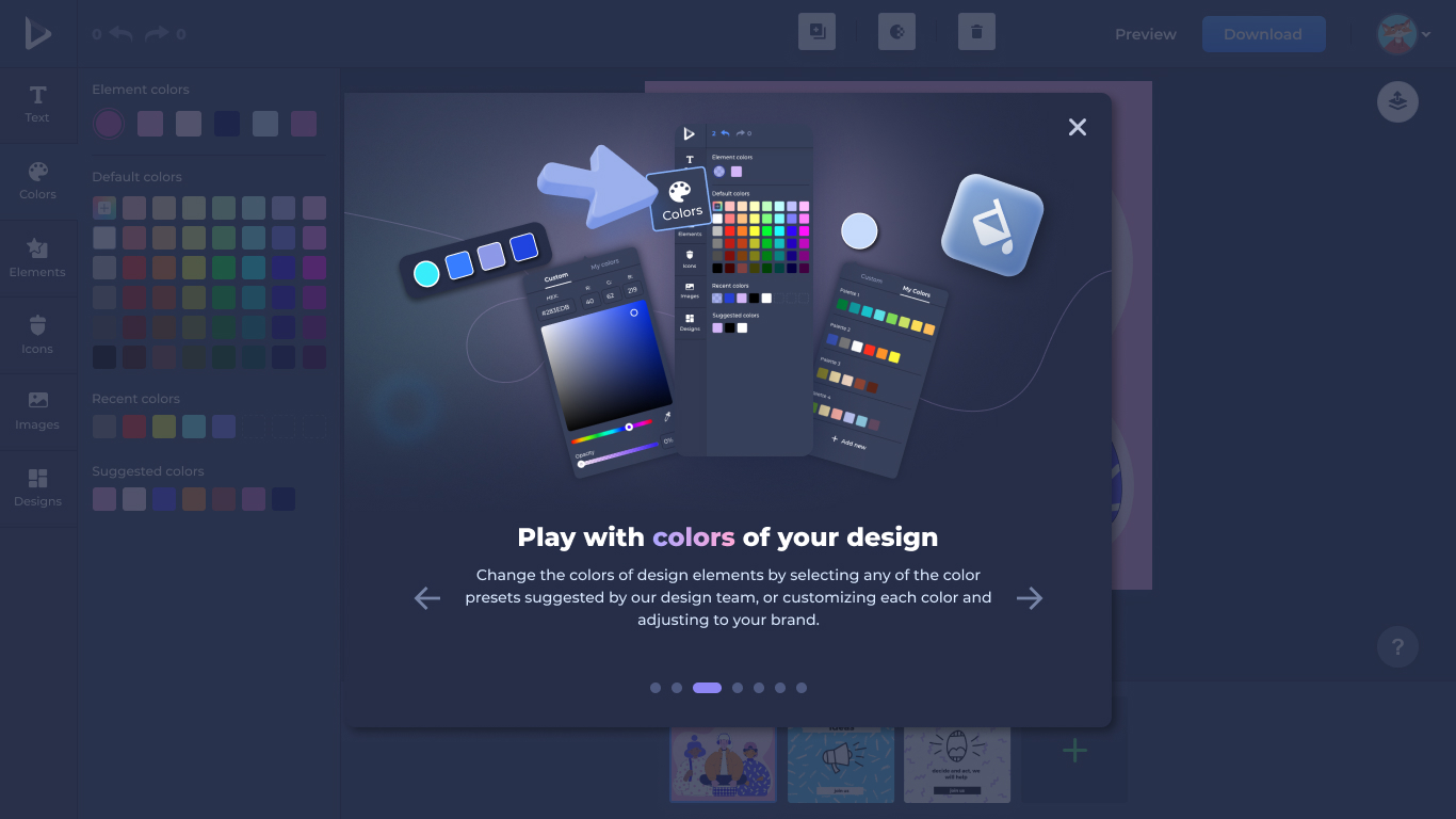 Dark-mode color panel and picker — element colors, default palette, recent and suggested colors against a dark editor.