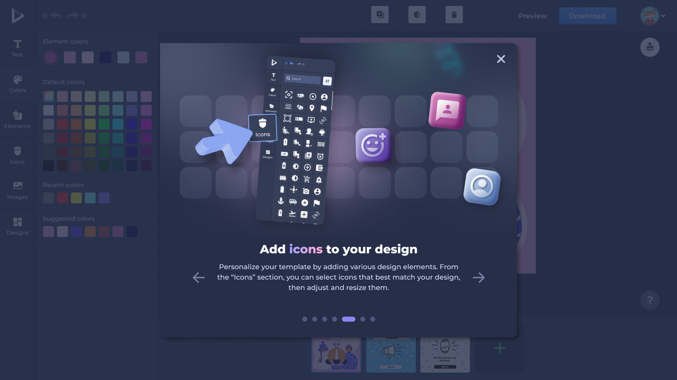 Dark-mode Icons panel — searchable, categorized icon library.