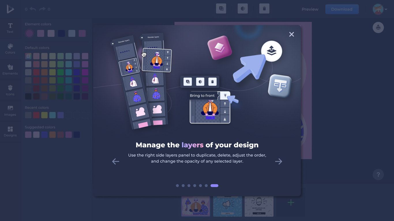 Dark-mode onboarding step introducing the Layers feature — reorder, depth controls, and bring-to-front affordance.