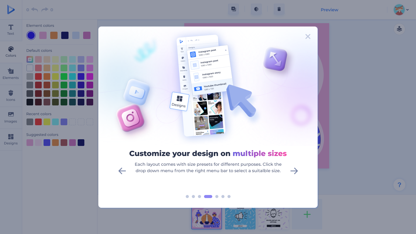 Size presets — Instagram post, Instagram story, YouTube thumbnail and other formats.
