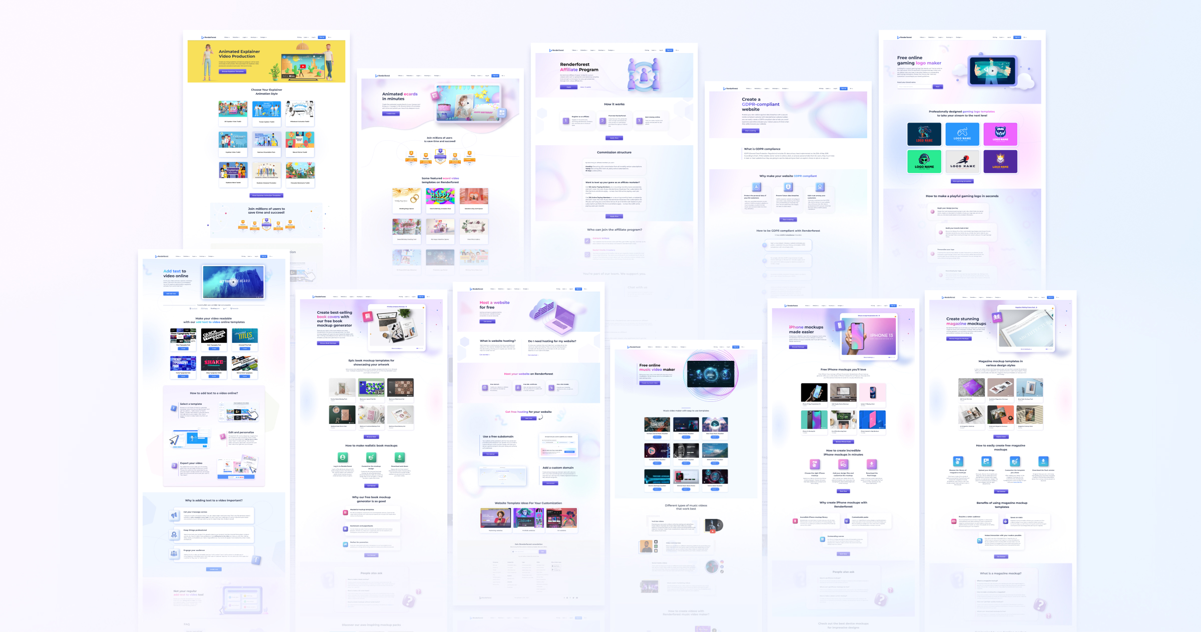 Renderforest landing pages — a collage of 12+ landing pages across video tools, mockup generators, programs, and feature pages.