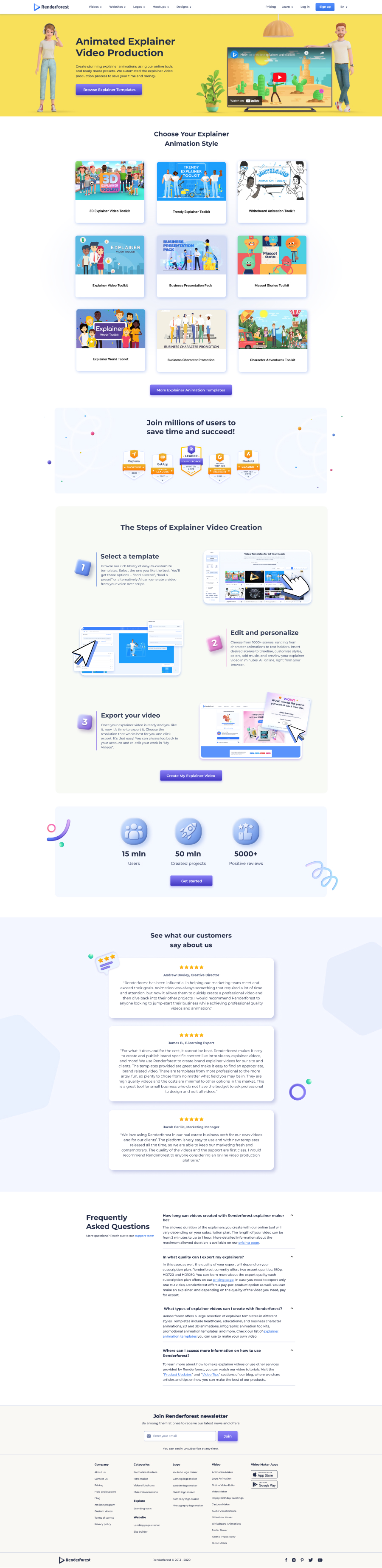 Animated Explainer Video Production — full landing page with a bold yellow hero.