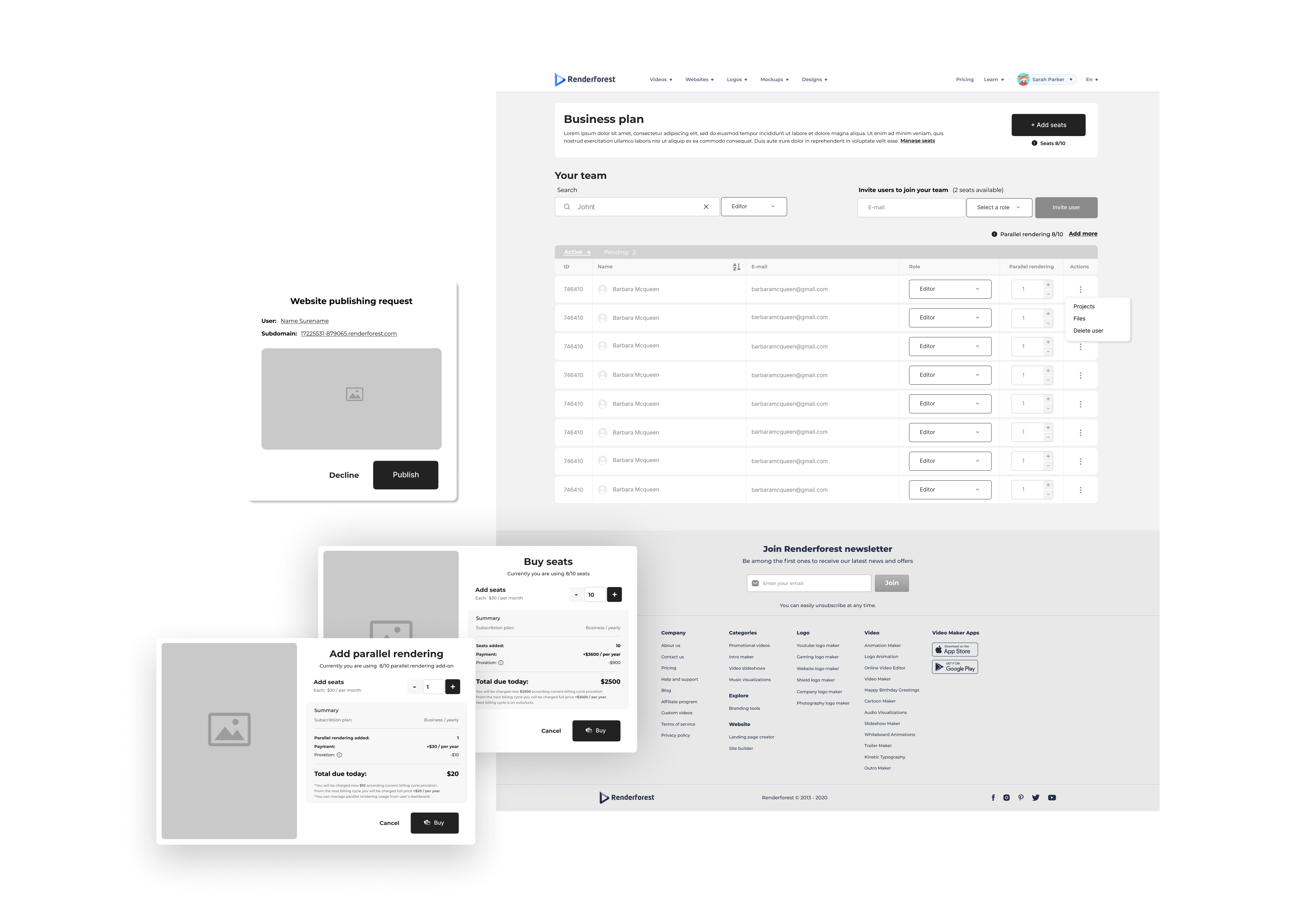 Renderforest organization seats — high-fidelity wireframes of the owner dashboard, buy seats modal, add parallel rendering modal, and website publishing request flow.