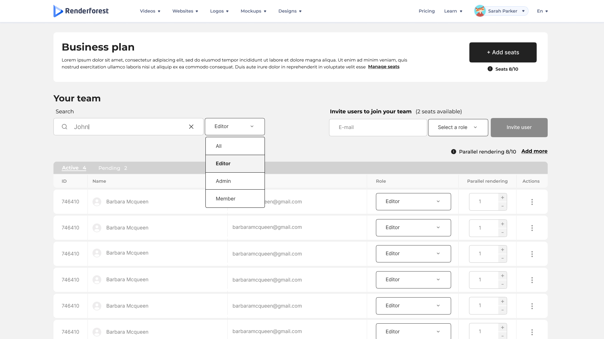 Search dropdown — suggesting existing users as the owner types.