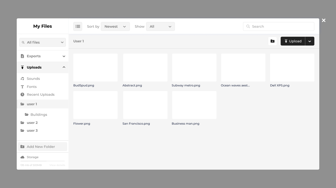 Media library — all files in the org, with file-type and user filters.