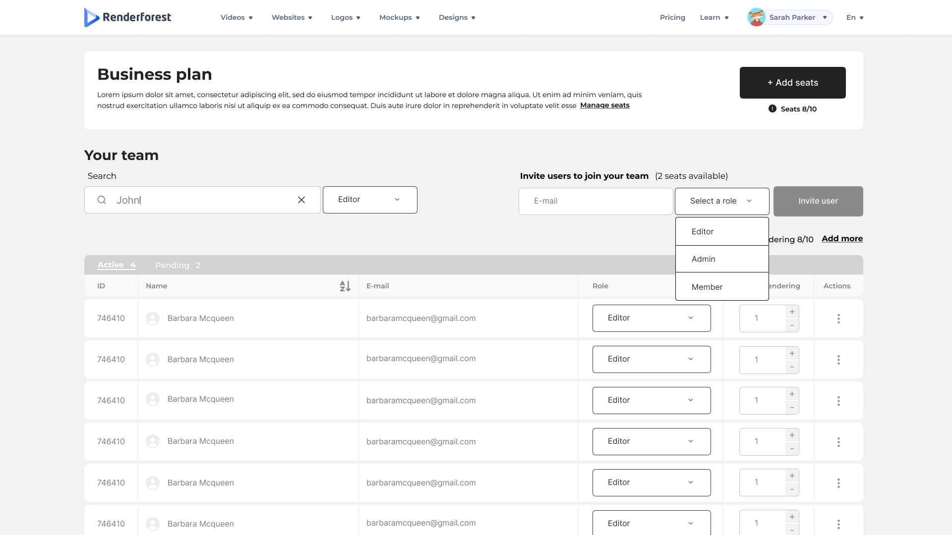Role assignment dropdown — choosing a role for the invited member.