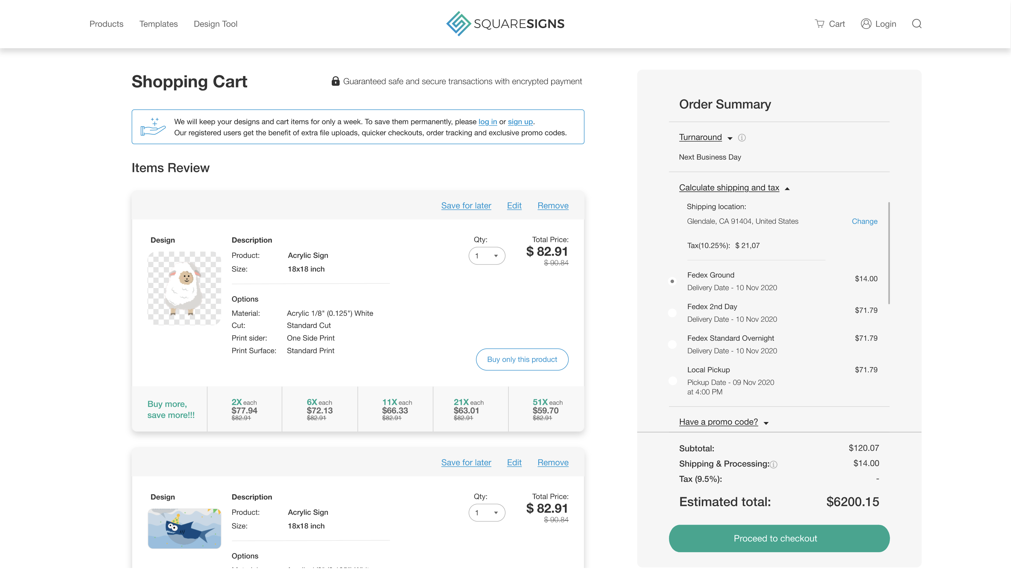 SquareSigns cart — Calculate shipping and tax fully expanded, showing the entered Glendale, CA shipping location, tax breakdown at 10.25% ($21.07), and four shipping options: Fedex Ground ($14.00, selected, delivery Nov 10), Fedex 2nd Day ($71.79), Fedex Standard Overnight ($71.79), and Local Pickup ($71.79, pickup Nov 9 at 4:00 PM). Subtotal, shipping, tax, and estimated total update underneath.
