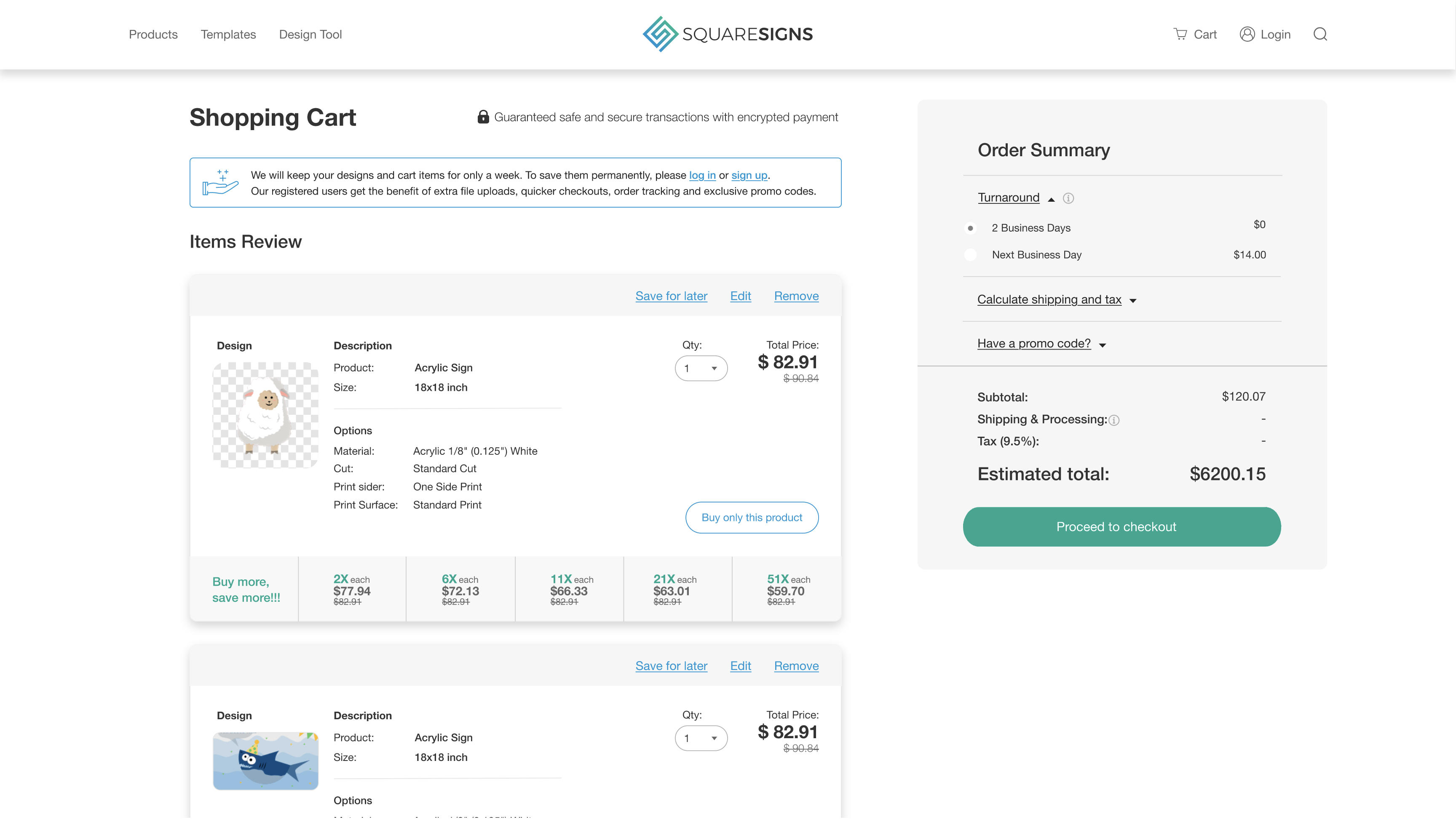 SquareSigns cart — Turnaround section expanded, showing two options: 2 Business Days at $0 (selected) and Next Business Day at $14.00.