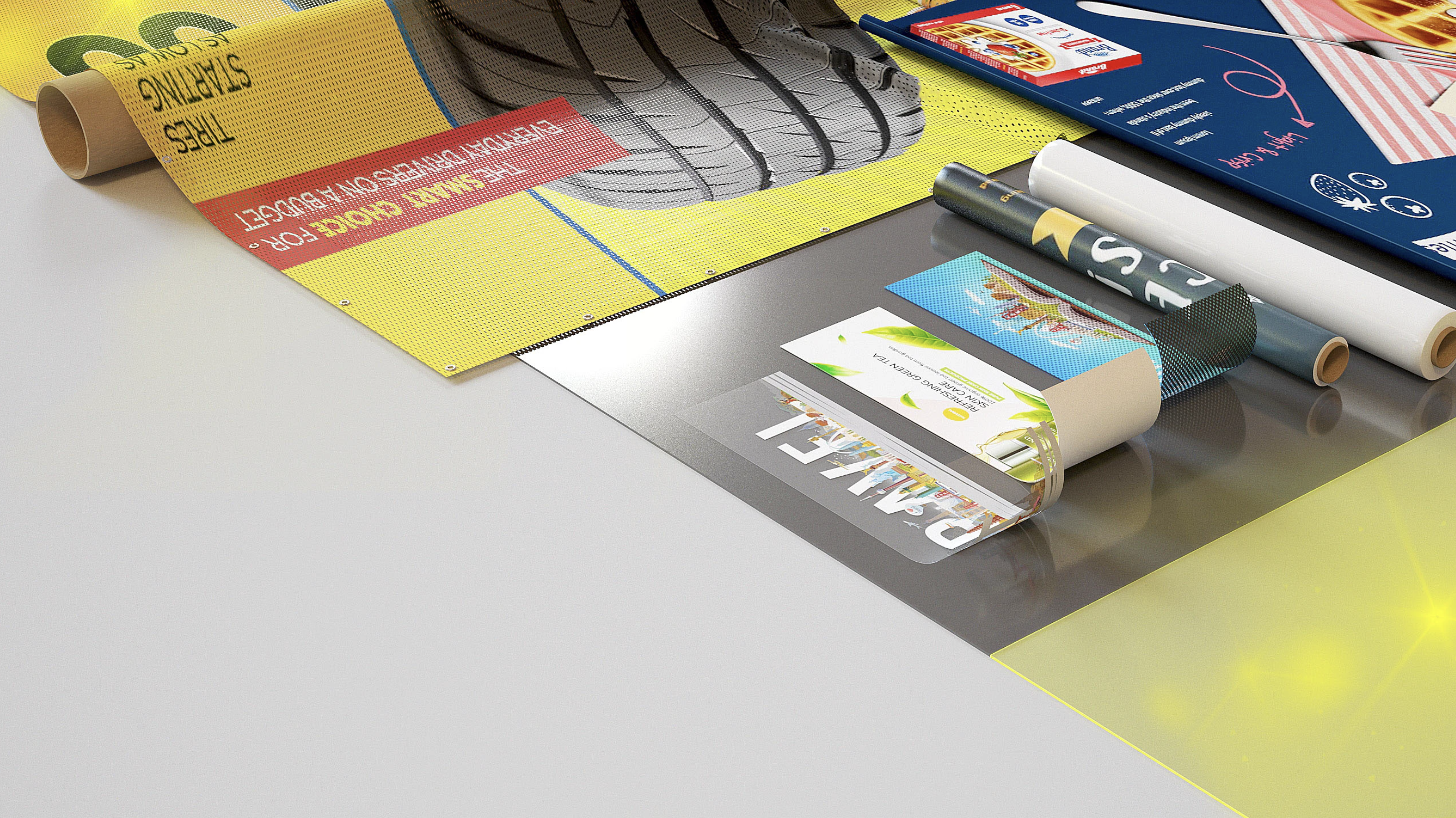 SquareSigns homepage slider render — a 3D-composed scene of the design tool with the Products panel open, listing acrylic photo prints, acrylic signs, aluminum signs, business cards, and more. Rendered in 3ds Max.