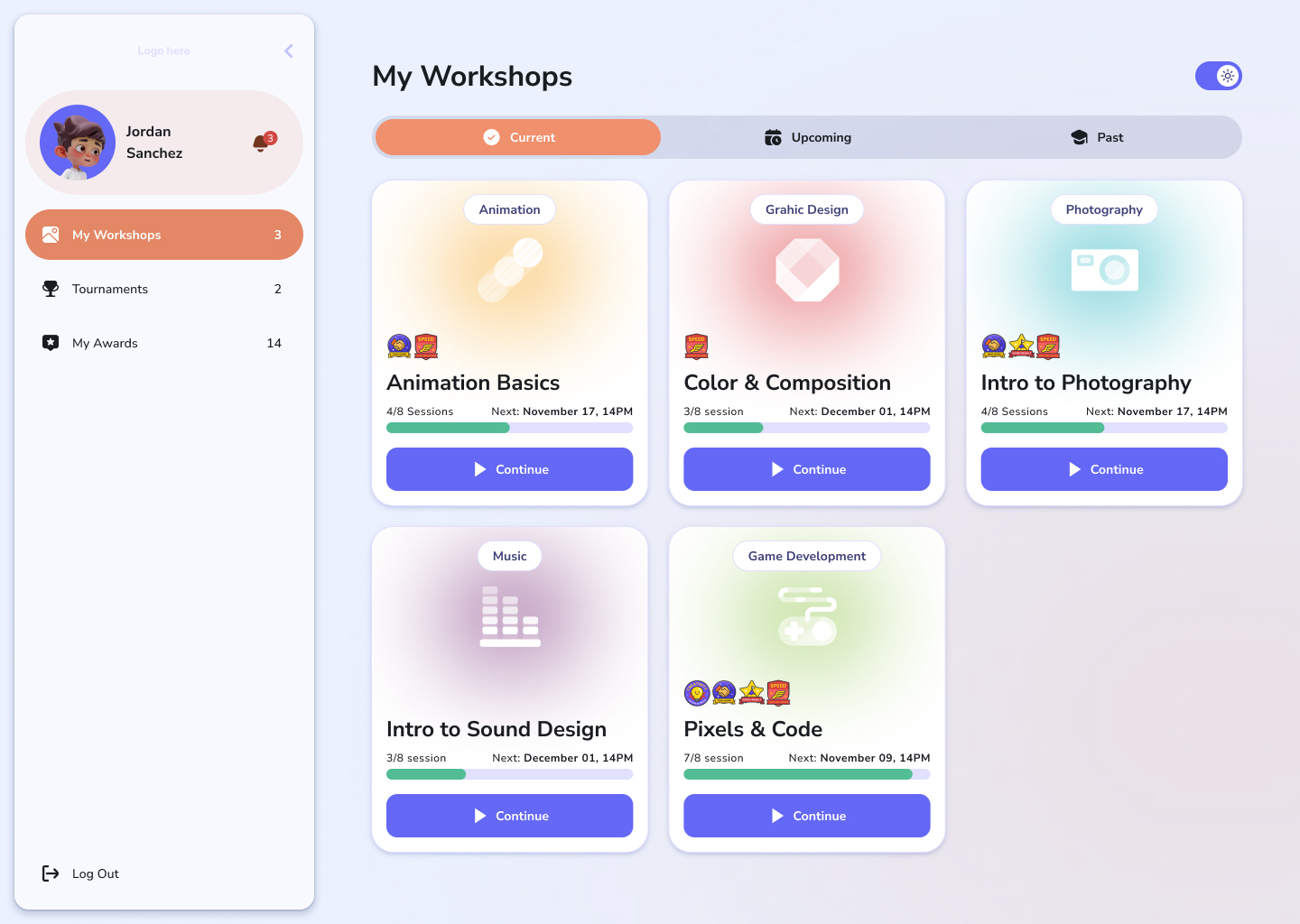 Creative-tech workshop platform — a warm, rounded student dashboard with pastel workshop cards, a playful left rail, and progress details.