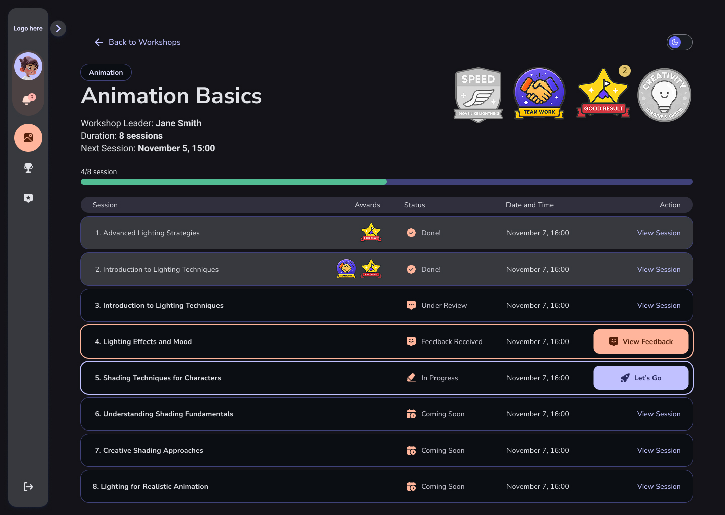 The same sessions list in dark theme.