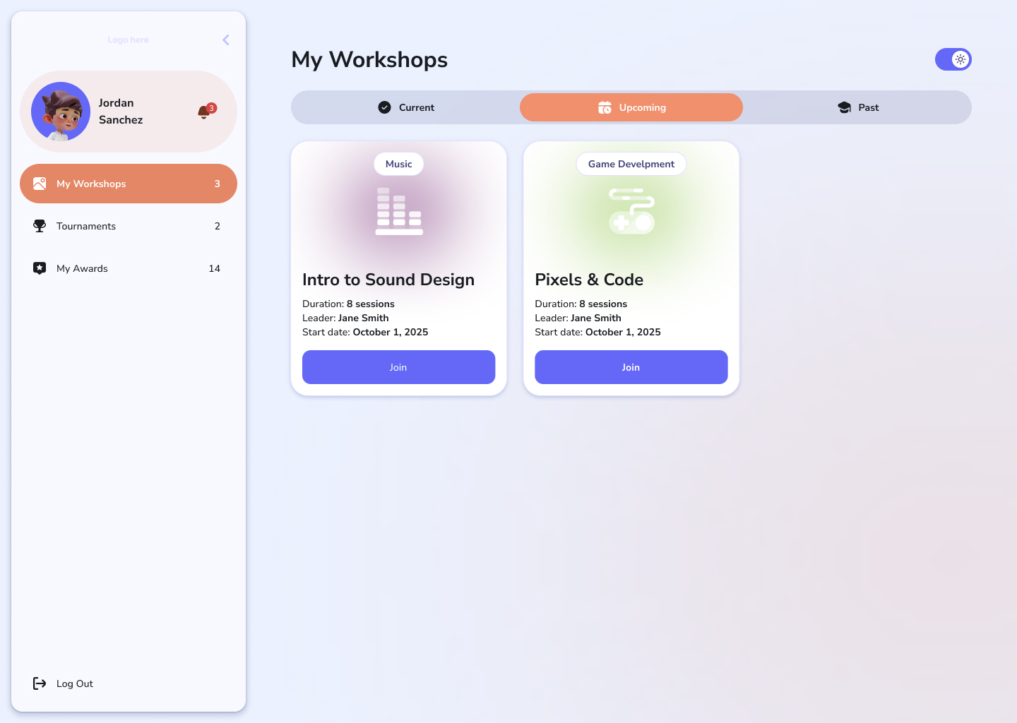Student 'upcoming' workshops view — the grid filtered to workshops that haven't started yet, with start dates and enrollment status.